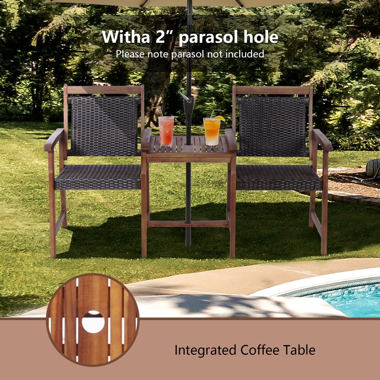 2-Seat Patio Rattan Acacia Wood Chair with Coffee Table