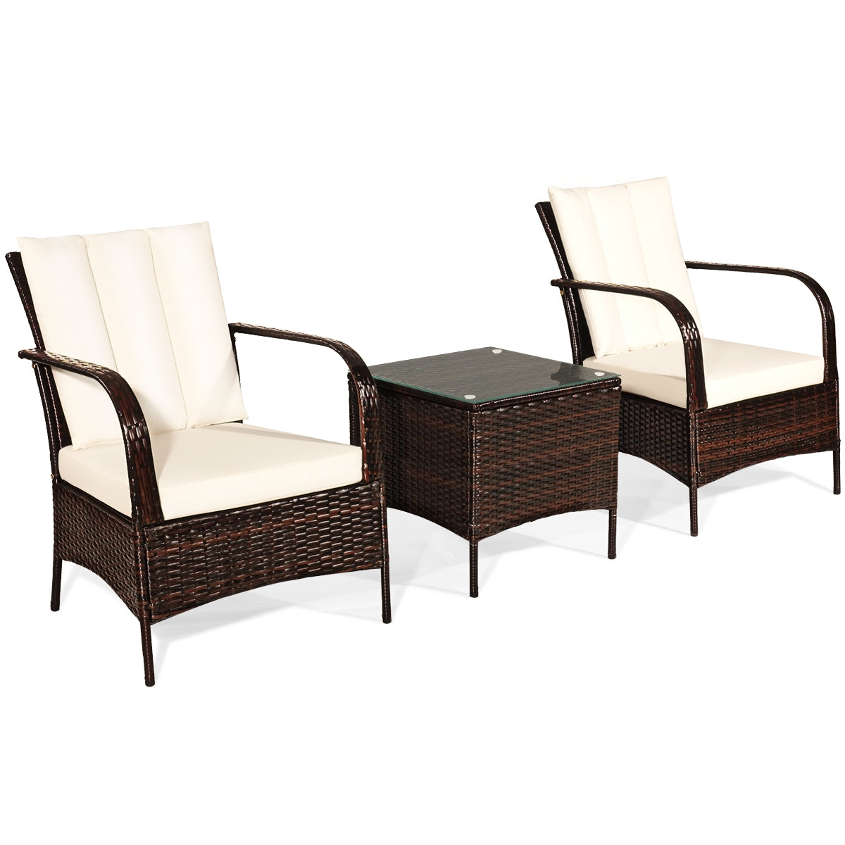 3 Pieces Patio Conversation Rattan Furniture Set with Cushions-White