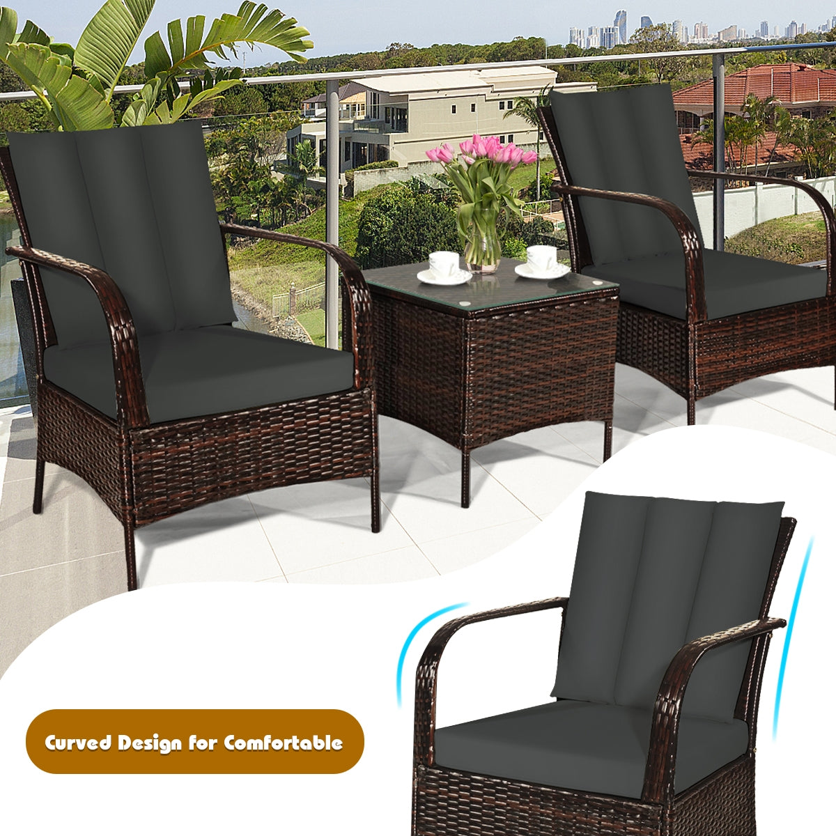 3 Pieces Patio Conversation Rattan Furniture Set with Cushions-Gray