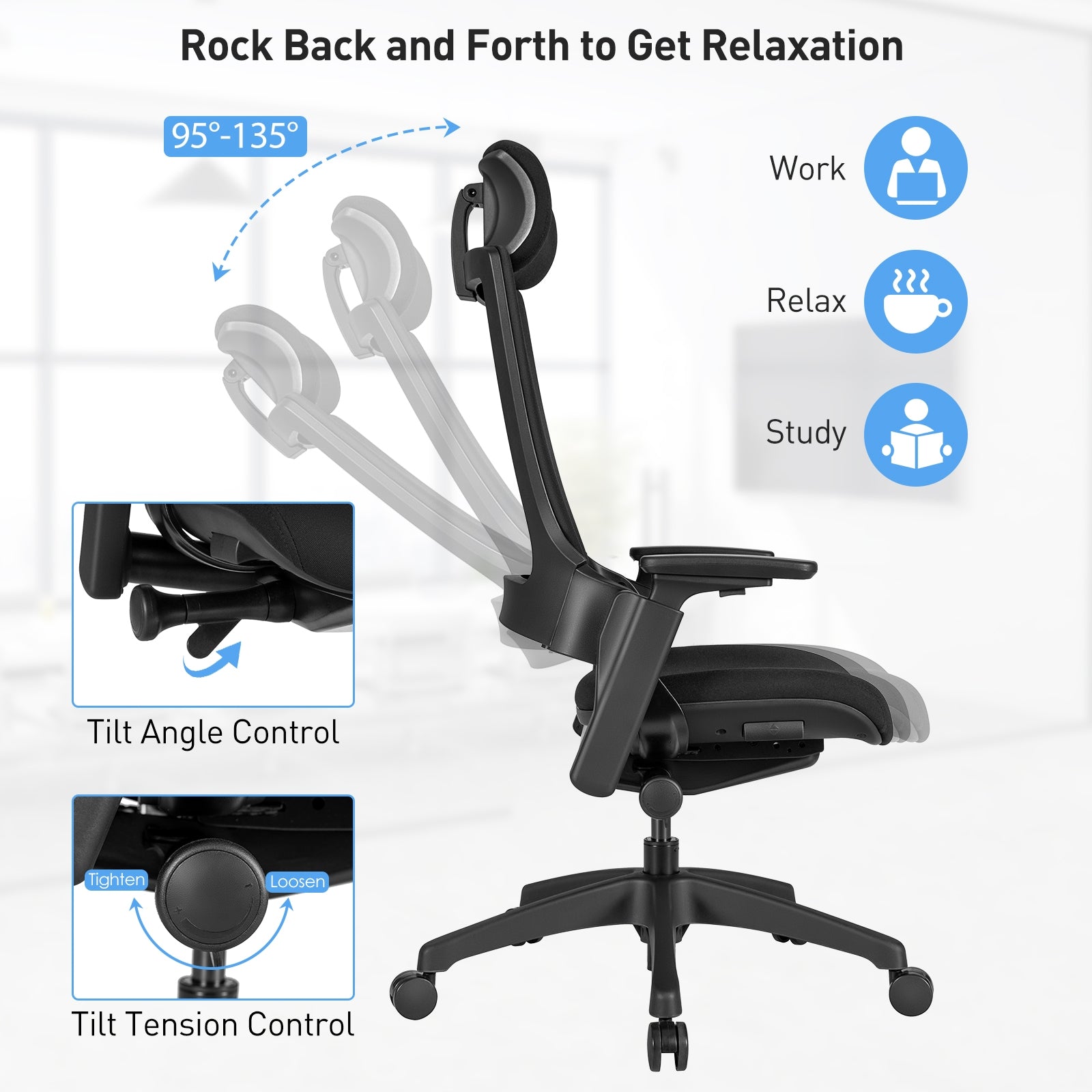 Reclining Computer Desk Chair with 3D Armrests and Headrest