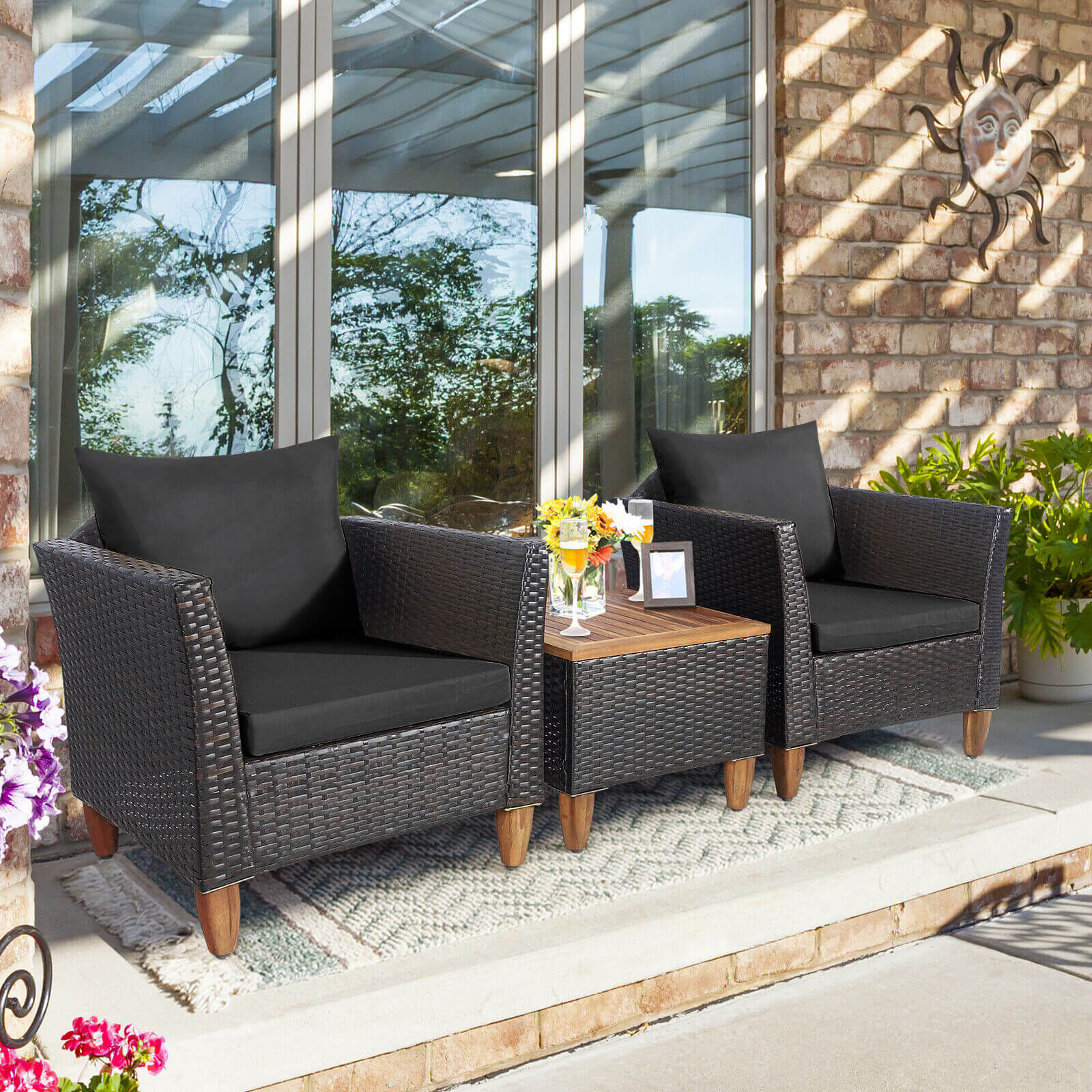 3 Pieces Patio Rattan Bistro Furniture Set-Black