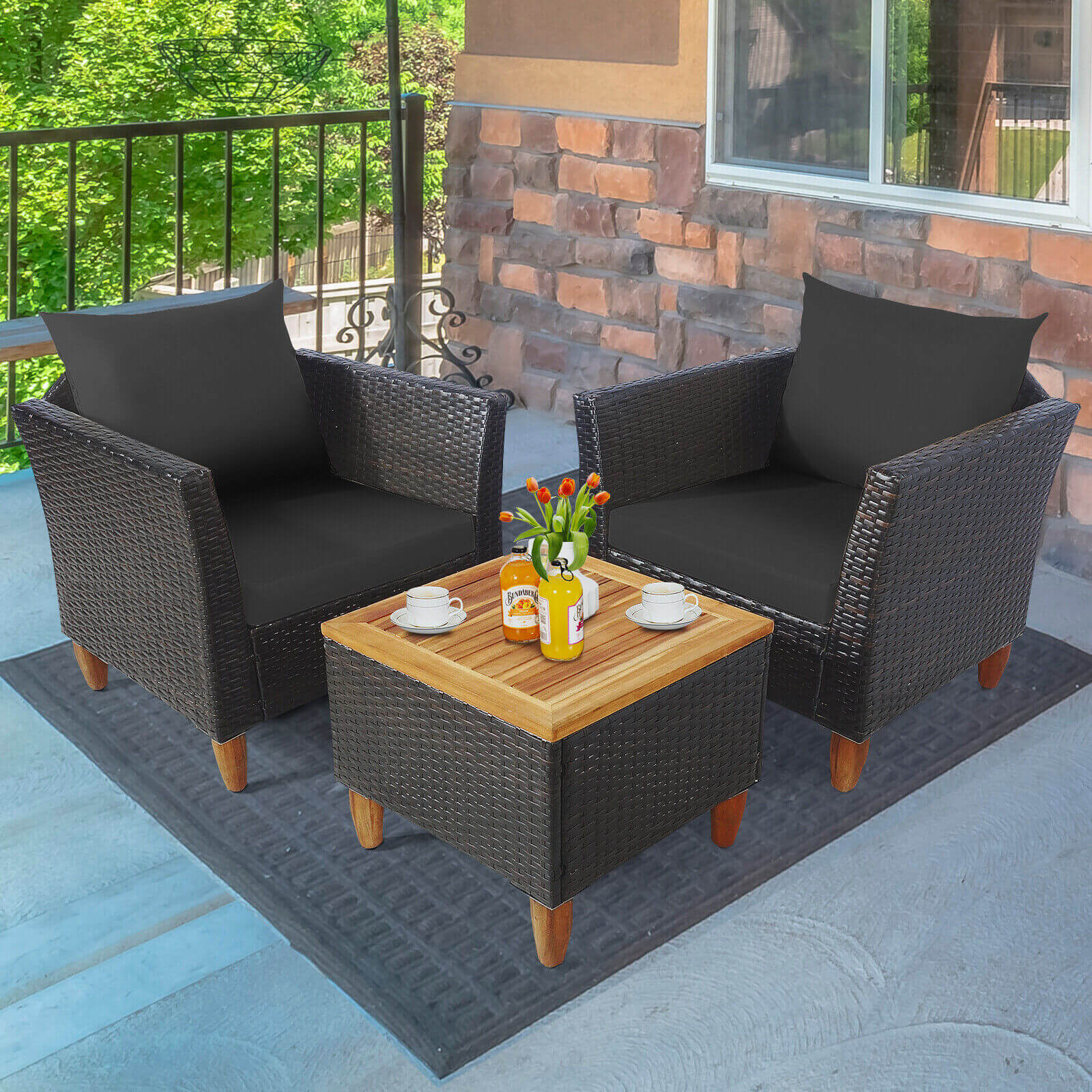 3 Pieces Patio Rattan Bistro Furniture Set-Black