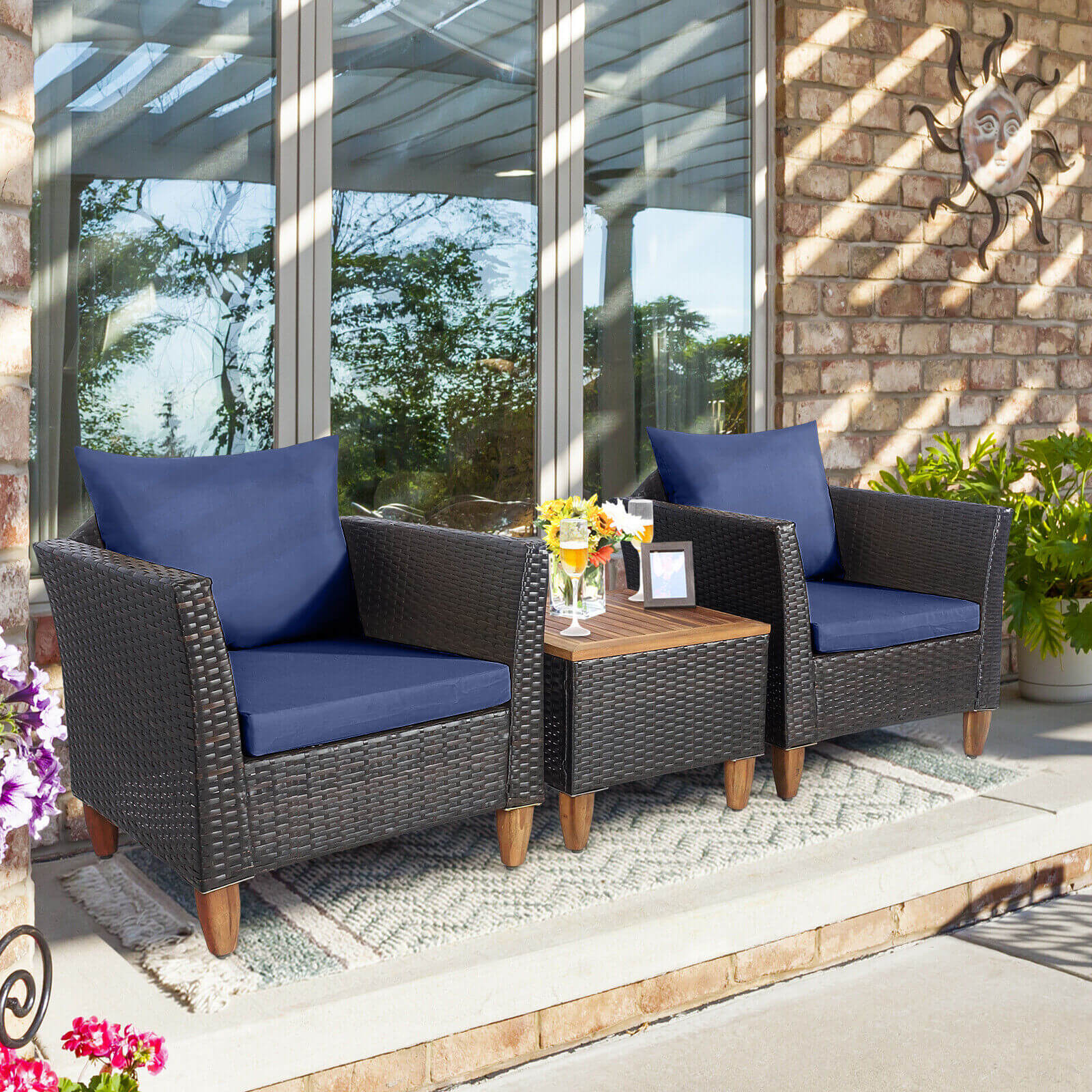 3 Pieces Patio Rattan Bistro Furniture Set-Navy