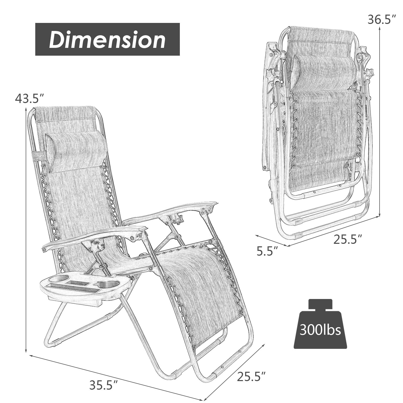 Outdoor Folding Zero Gravity Reclining Lounge Chair with Utility Tray-Black