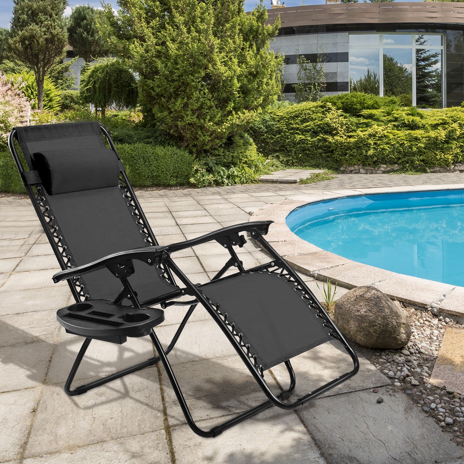 Outdoor Folding Zero Gravity Reclining Lounge Chair with Utility Tray-Black