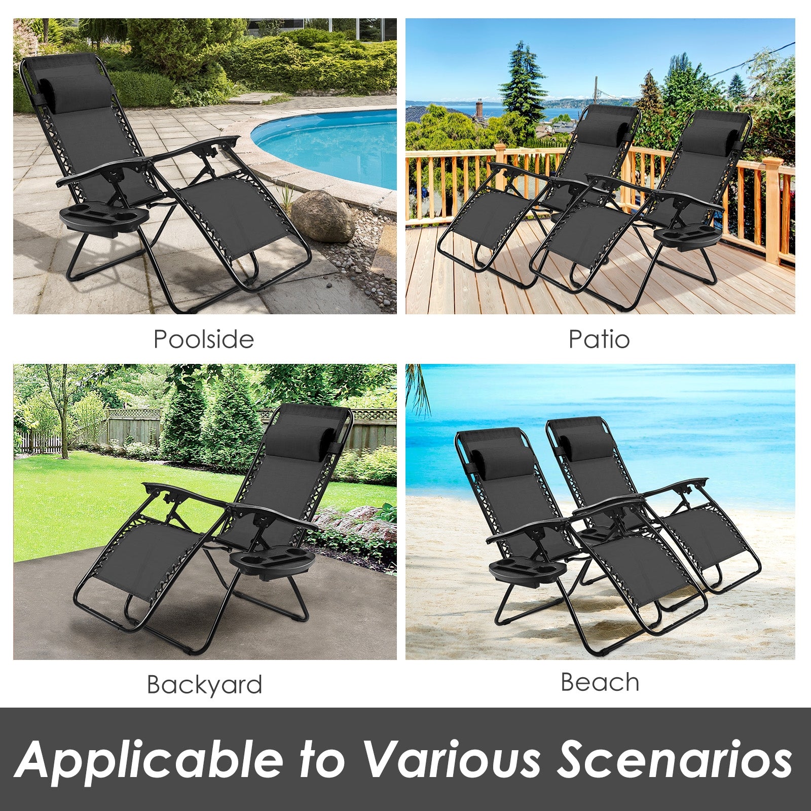 Outdoor Folding Zero Gravity Reclining Lounge Chair with Utility Tray-Black