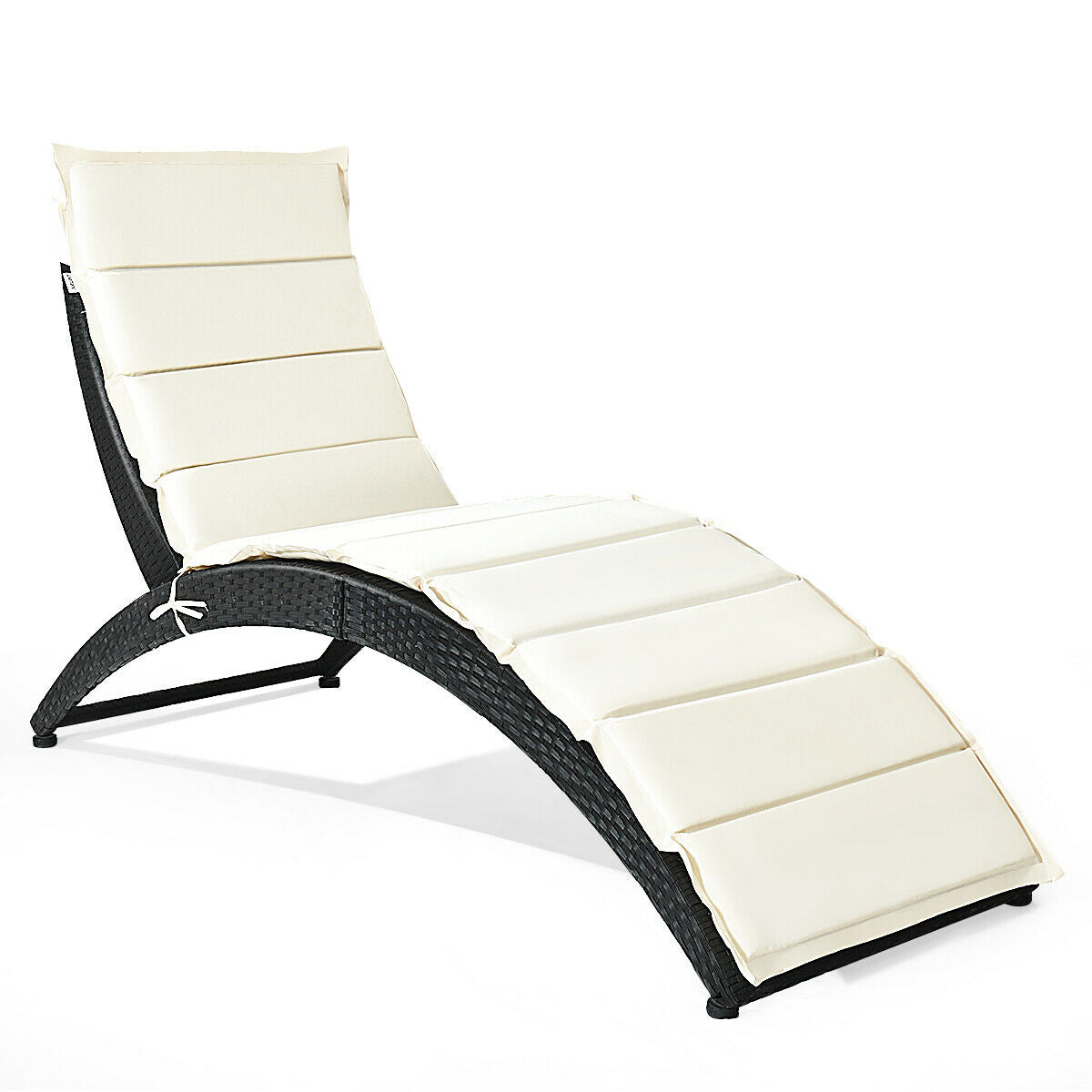 Folding Patio Rattan Portable Lounge Chair Chaise with Cushion-Beige