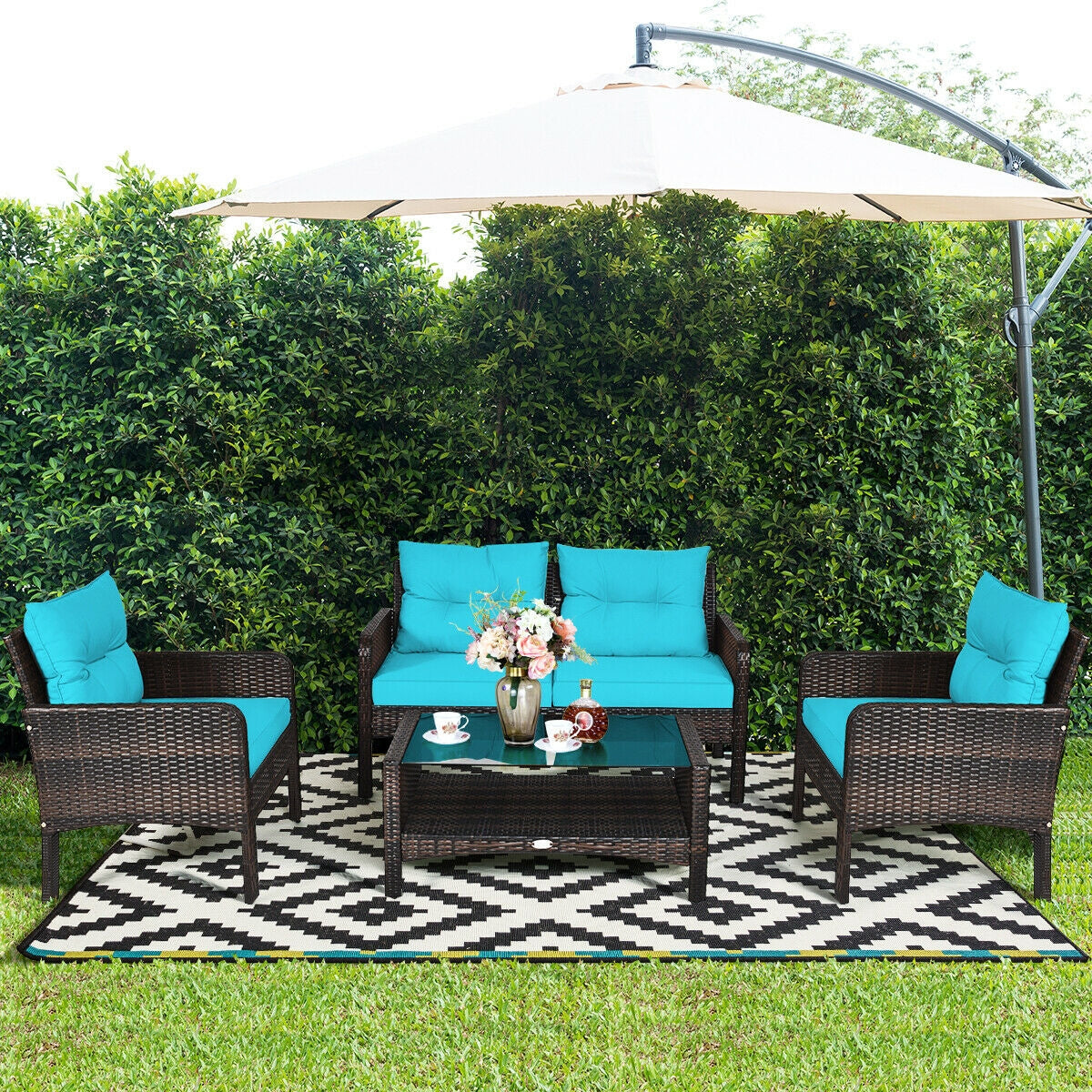 4 Pcs Outdoor Rattan Wicker Loveseat Furniture Set with Cushions-Turquoise