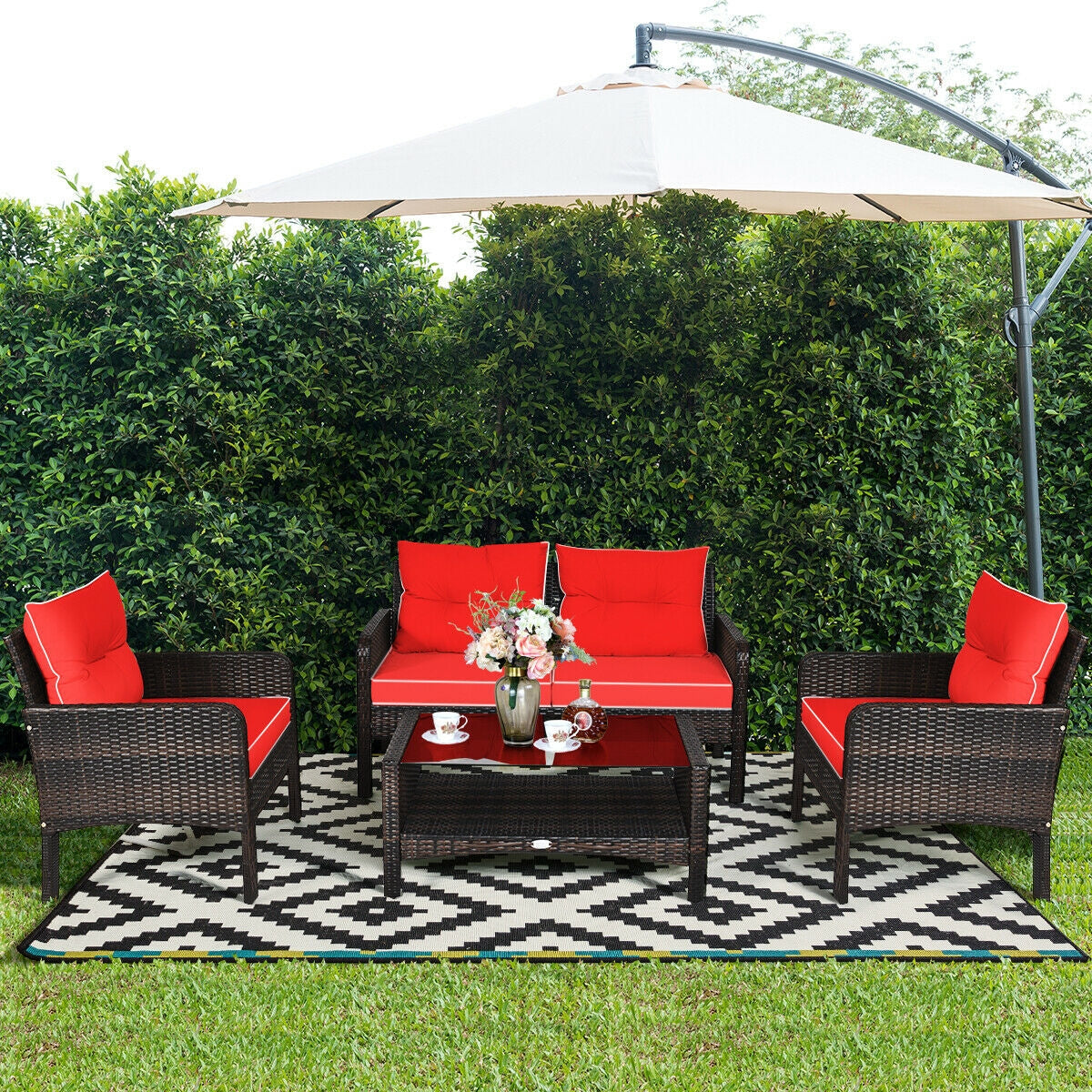 4 Pcs Outdoor Rattan Wicker Loveseat Furniture Set with Cushions-Red