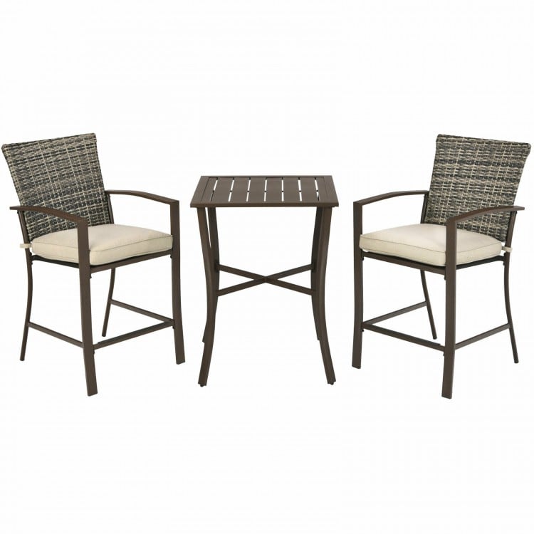3 Pieces Rattan Bar Furniture Set with Slat Table and 2 Cushioned Stools-Brown