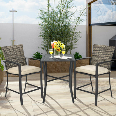 3 Pieces Patio Rattan Bar Furniture Set with Slat Table and 2 Cushioned Stools-Gray 