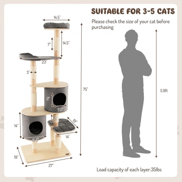 6-Tier Wooden Cat Tree with 2 Removeable Condos Platforms and Perch-Gray