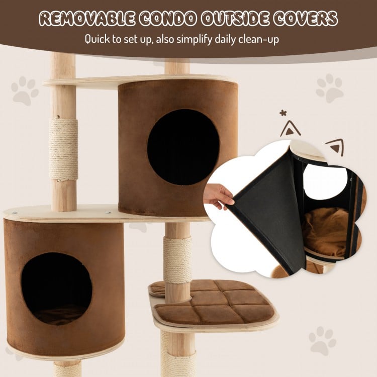 6-Tier Wooden Cat Tree with 2 Removeable Condos Platforms and Perch-Brown