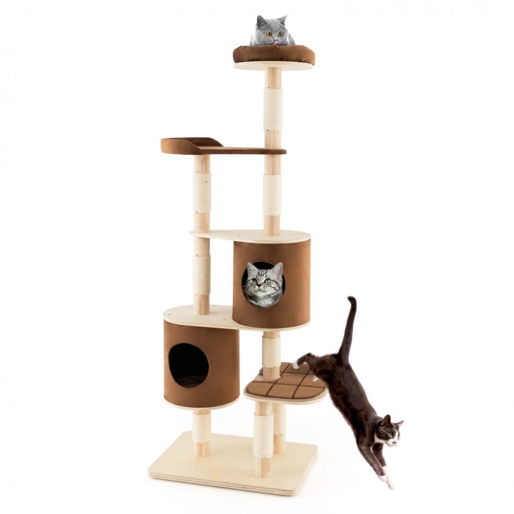6-Tier Wooden Cat Tree with 2 Removeable Condos Platforms and Perch-Brown