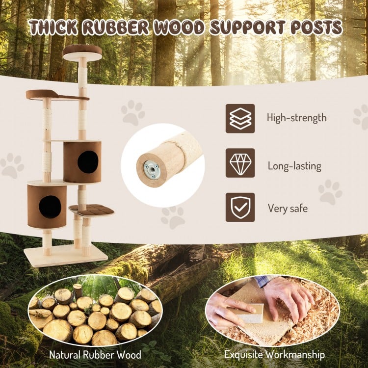 6-Tier Wooden Cat Tree with 2 Removeable Condos Platforms and Perch-Brown