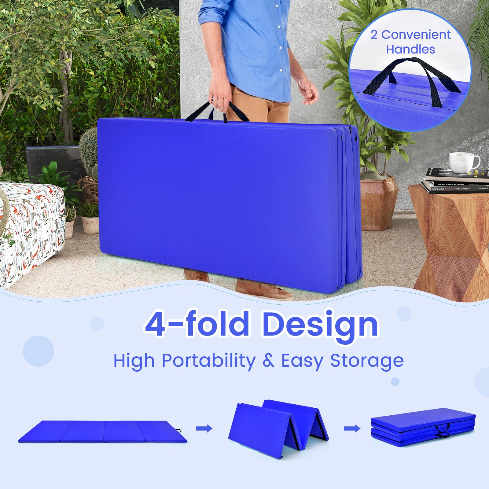 4-Panel Folding Gymnastics Mat with Carrying Handles for Home Gym-NavyÂ 