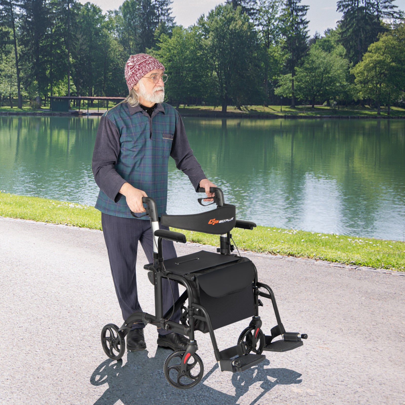 Folding Rollator Walker with Seat and Wheels Supports up to 300 lbs-Black