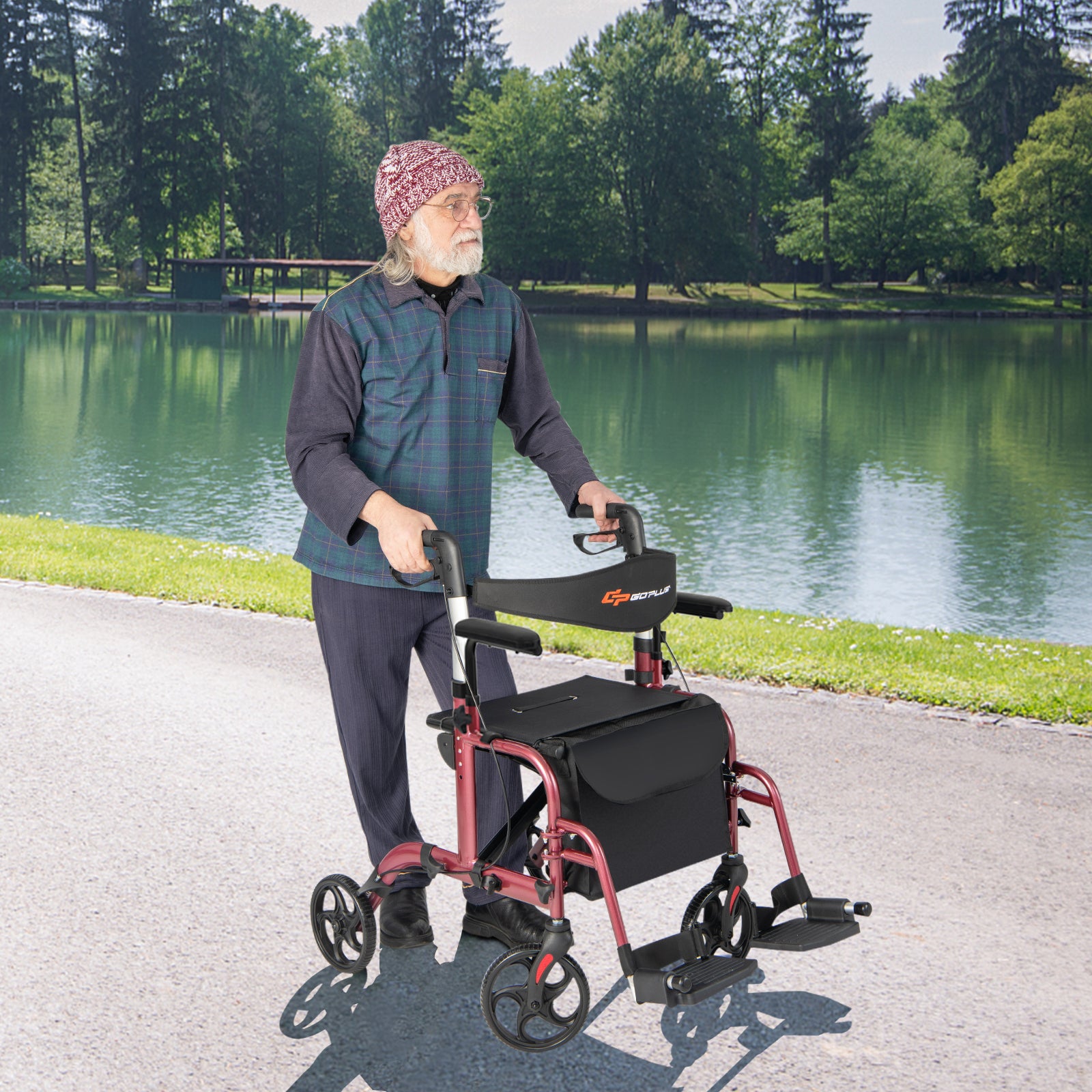 Folding Rollator Walker with Seat and Wheels Supports up to 300 lbs-Red