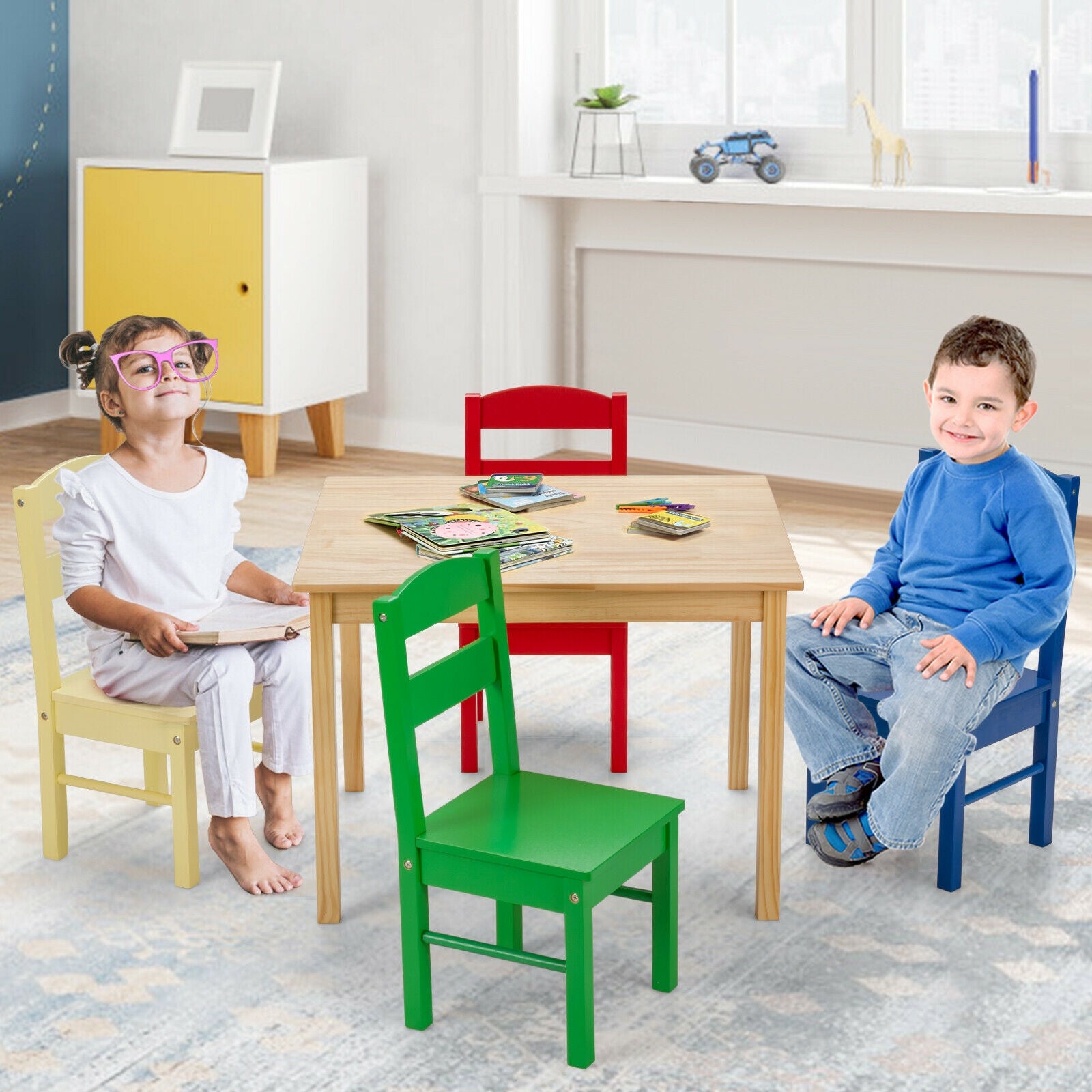 5 Pieces Kids Pine Wood Multicolor Table Chair Set-Multicolor