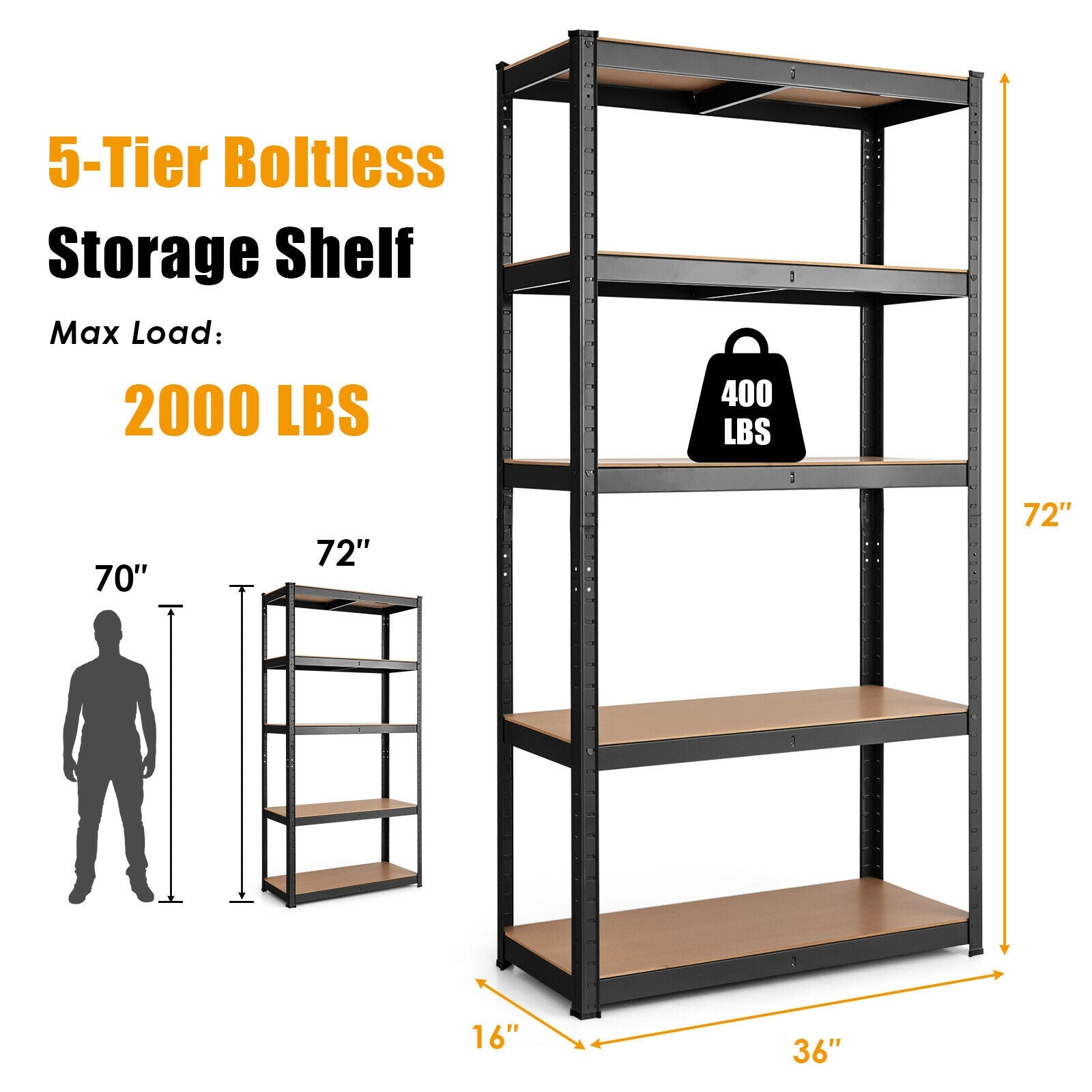 35.5 x 71 Inch Adjustable 5-Layer 2000 lbs Capacity Tool Shelf-Black