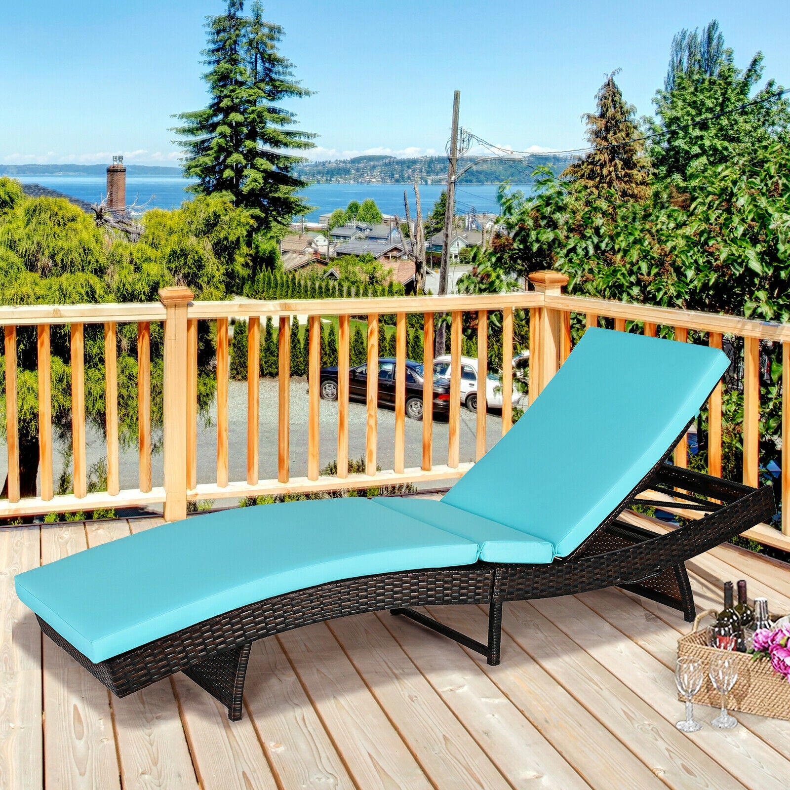 Patio Folding Adjustable Rattan Chaise Lounge Chair with Cushion-TurquoiseÂ 