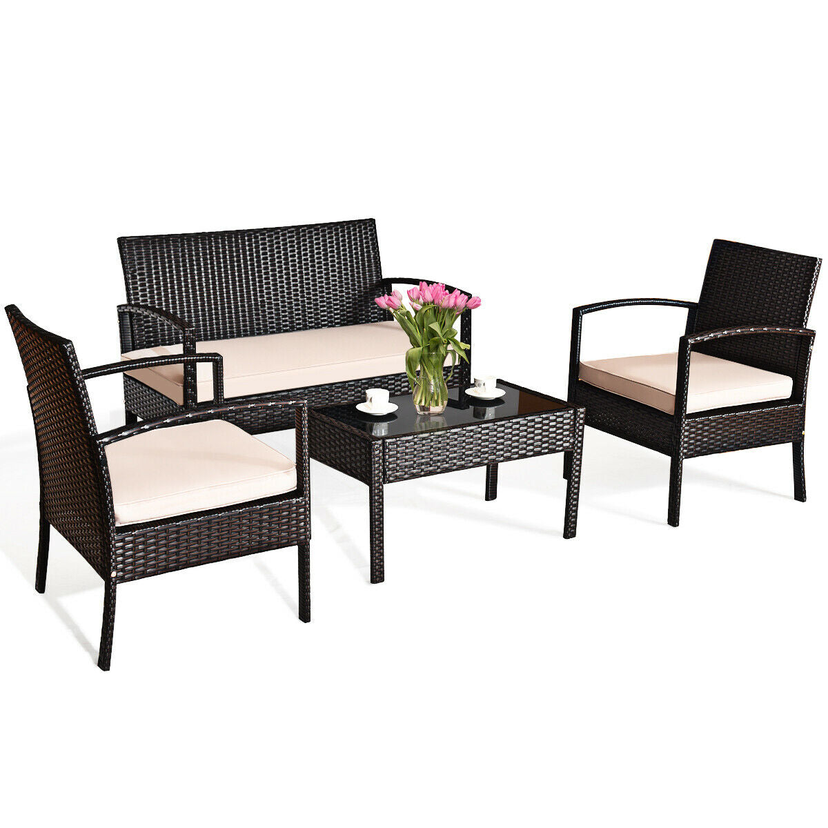 4 Pieces Patio Ratten Conversation Set with Loveseat Sofas and Coffee Table