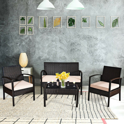 4 Pieces Patio Ratten Conversation Set with Loveseat Sofas and Coffee TableÂ 