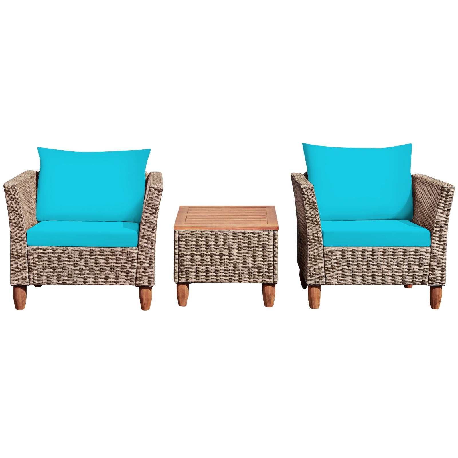 3 Pieces Patio Rattan Furniture Set with Washable Cushion for Yard Porch-Turquoise