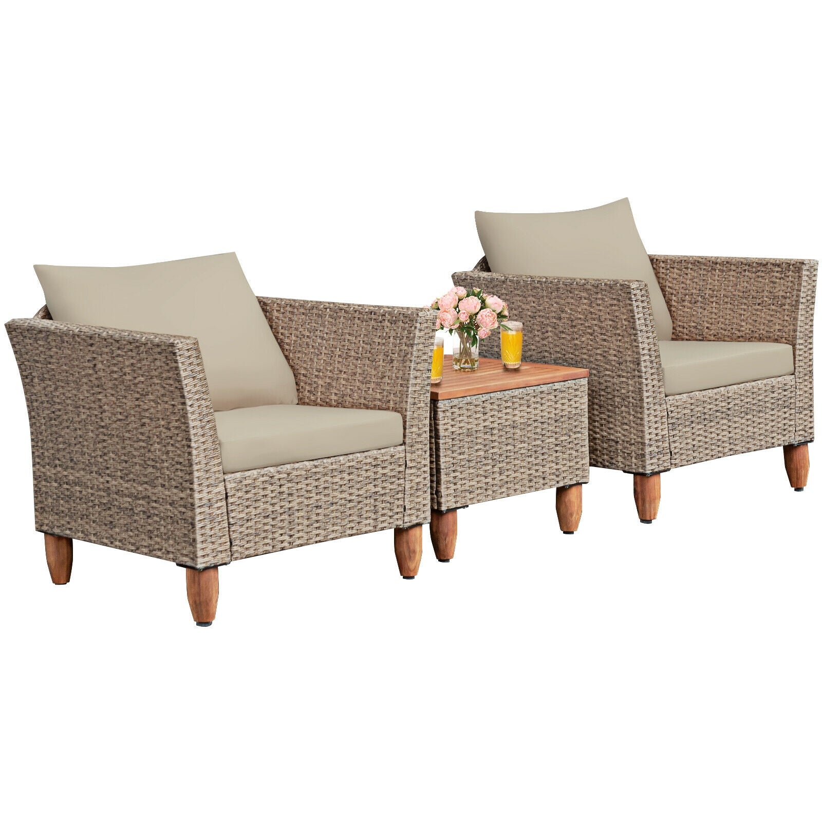 3 Pieces Patio Rattan Furniture Set with Washable Cushion for Yard Porch-Beige