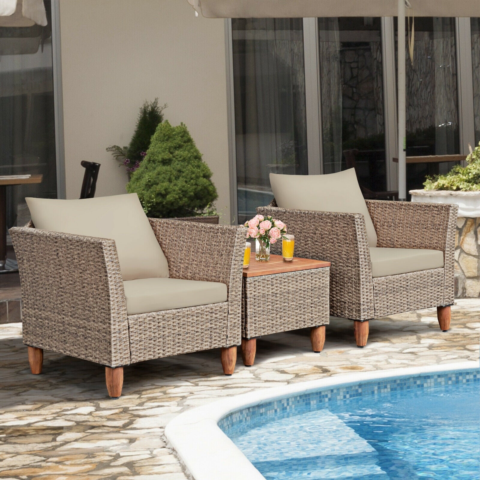 3 Pieces Patio Rattan Furniture Set with Washable Cushion for Yard Porch-Beige