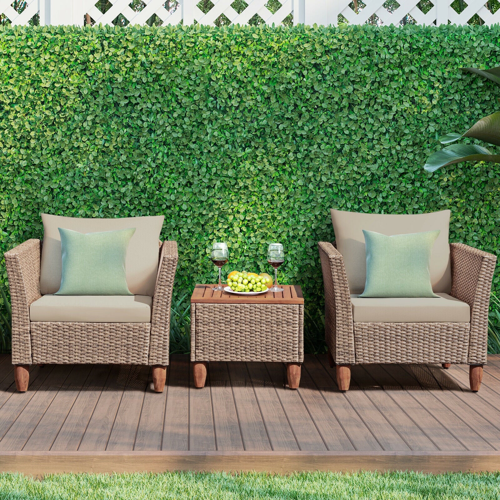 3 Pieces Patio Rattan Furniture Set with Washable Cushion for Yard Porch-Beige 