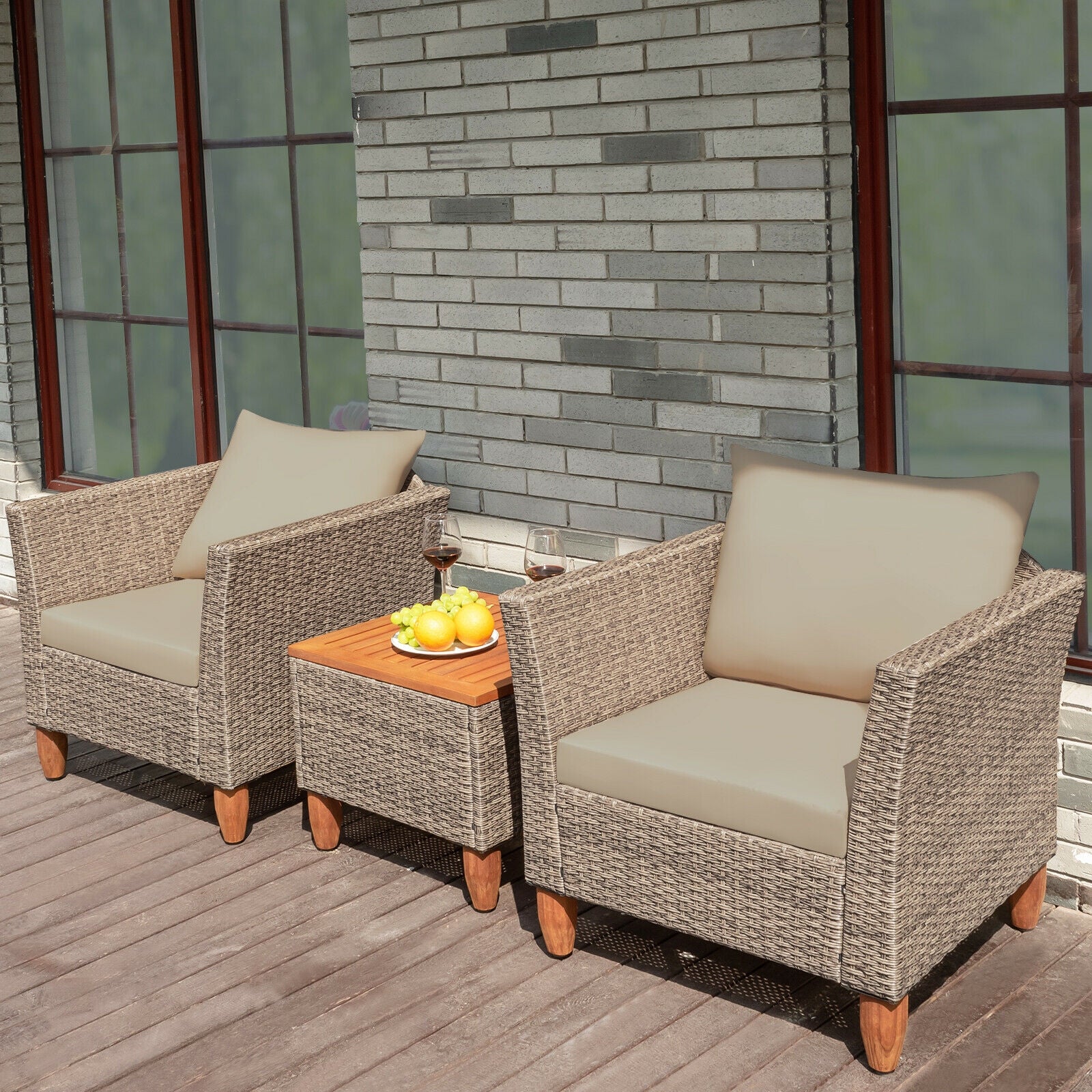 3 Pieces Patio Rattan Furniture Set with Washable Cushion for Yard Porch-Beige