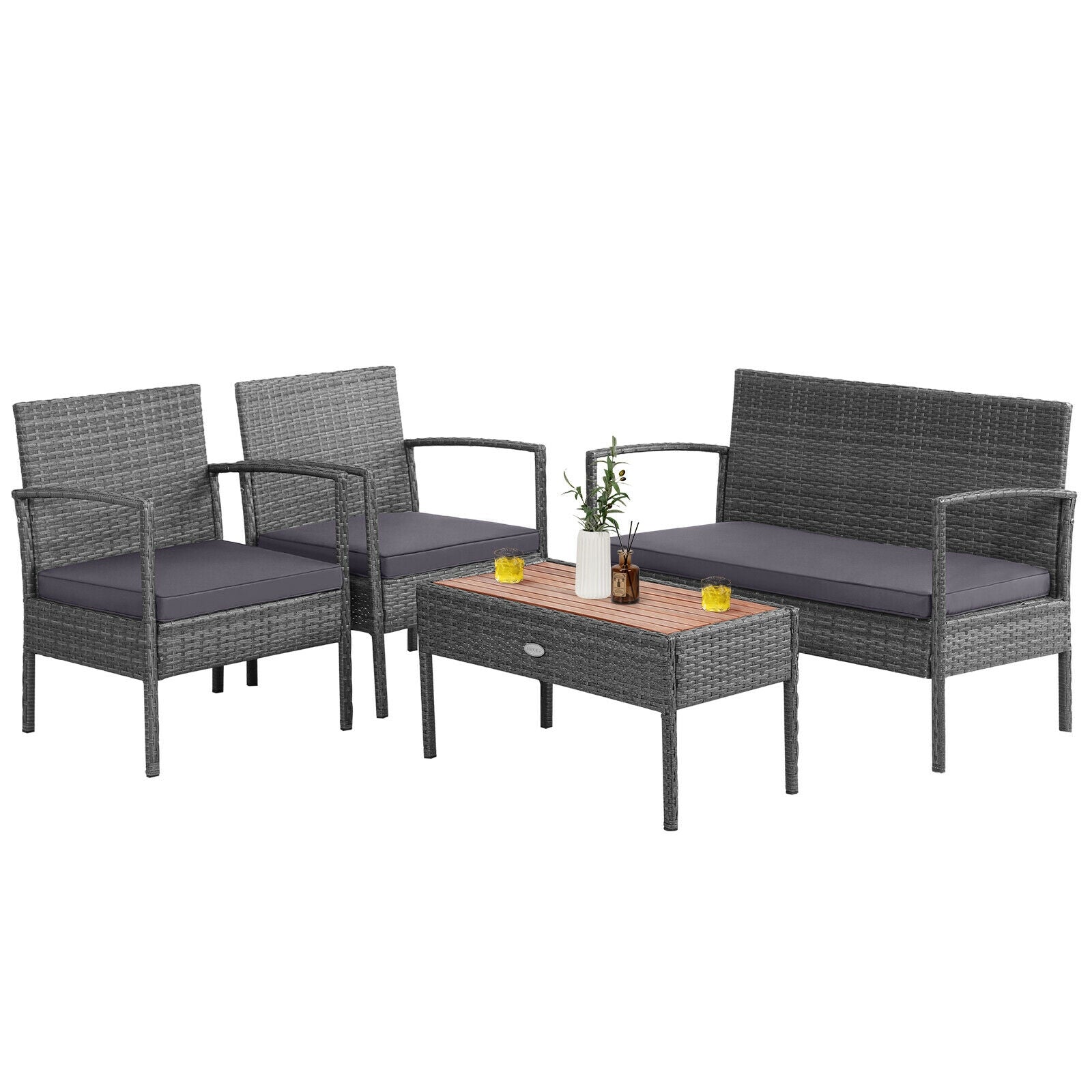 4 Pieces Rattan Patio Conversation Furniture Set with Acacia Wood Tabletop