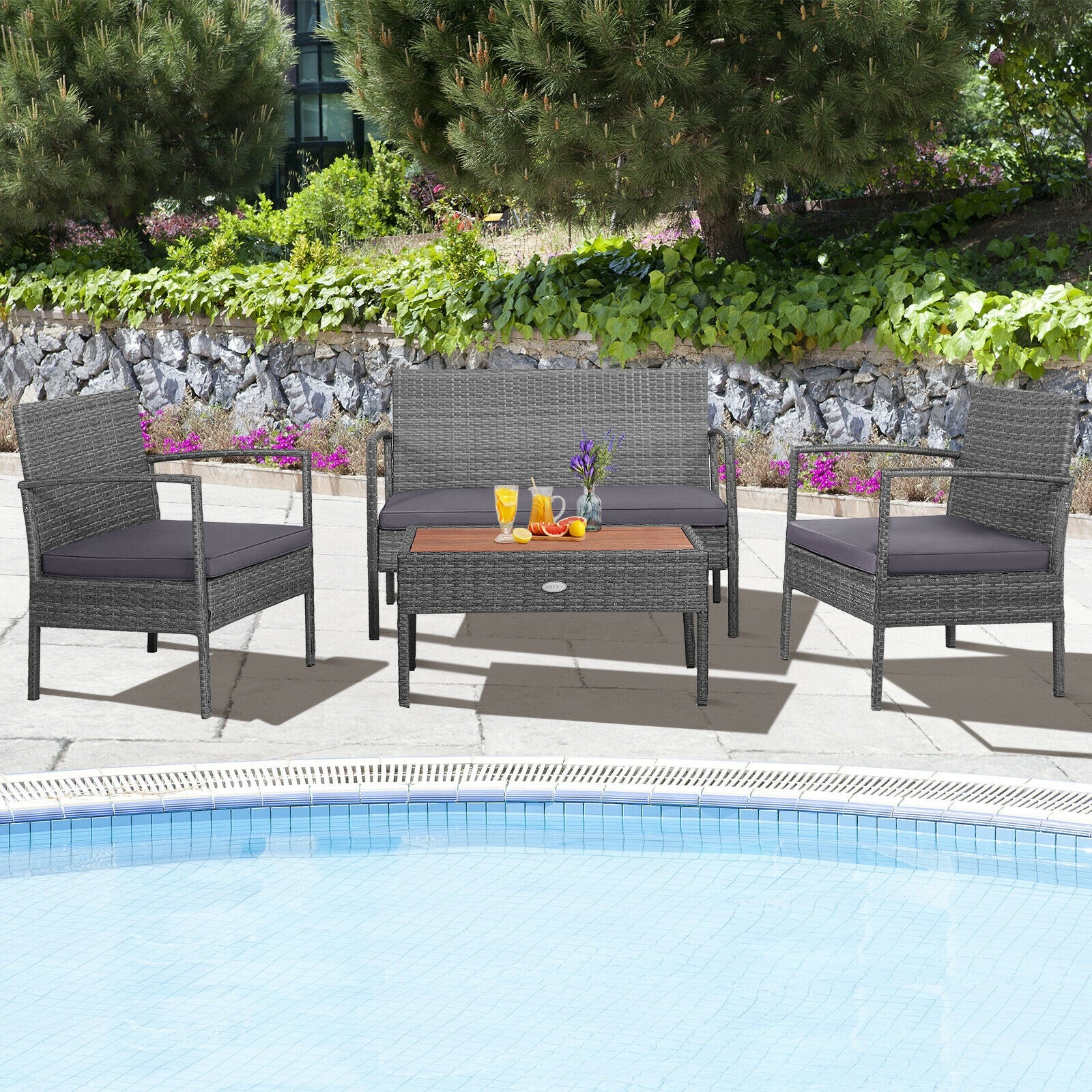 4 Pieces Rattan Patio Conversation Furniture Set with Acacia Wood Tabletop 