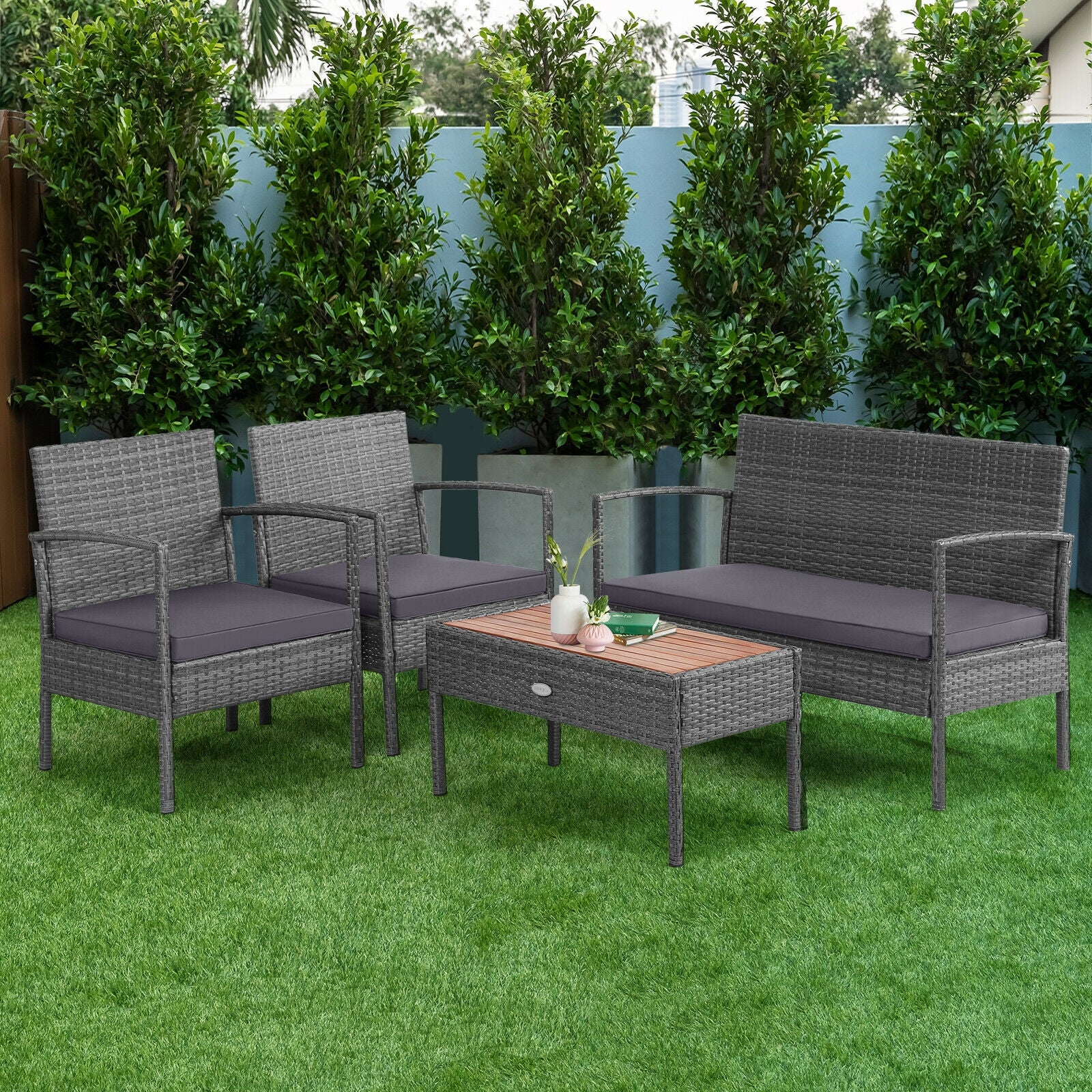 4 Pieces Rattan Patio Conversation Furniture Set with Acacia Wood Tabletop 