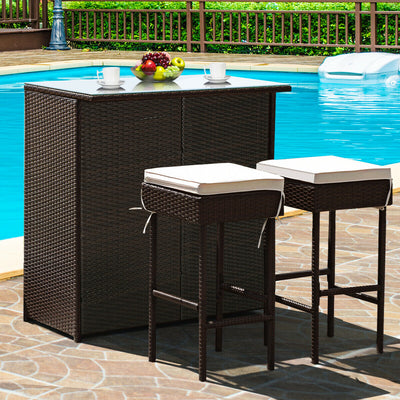 3 Pieces Patio Rattan Wicker Bar Table Stools Dining Set 
