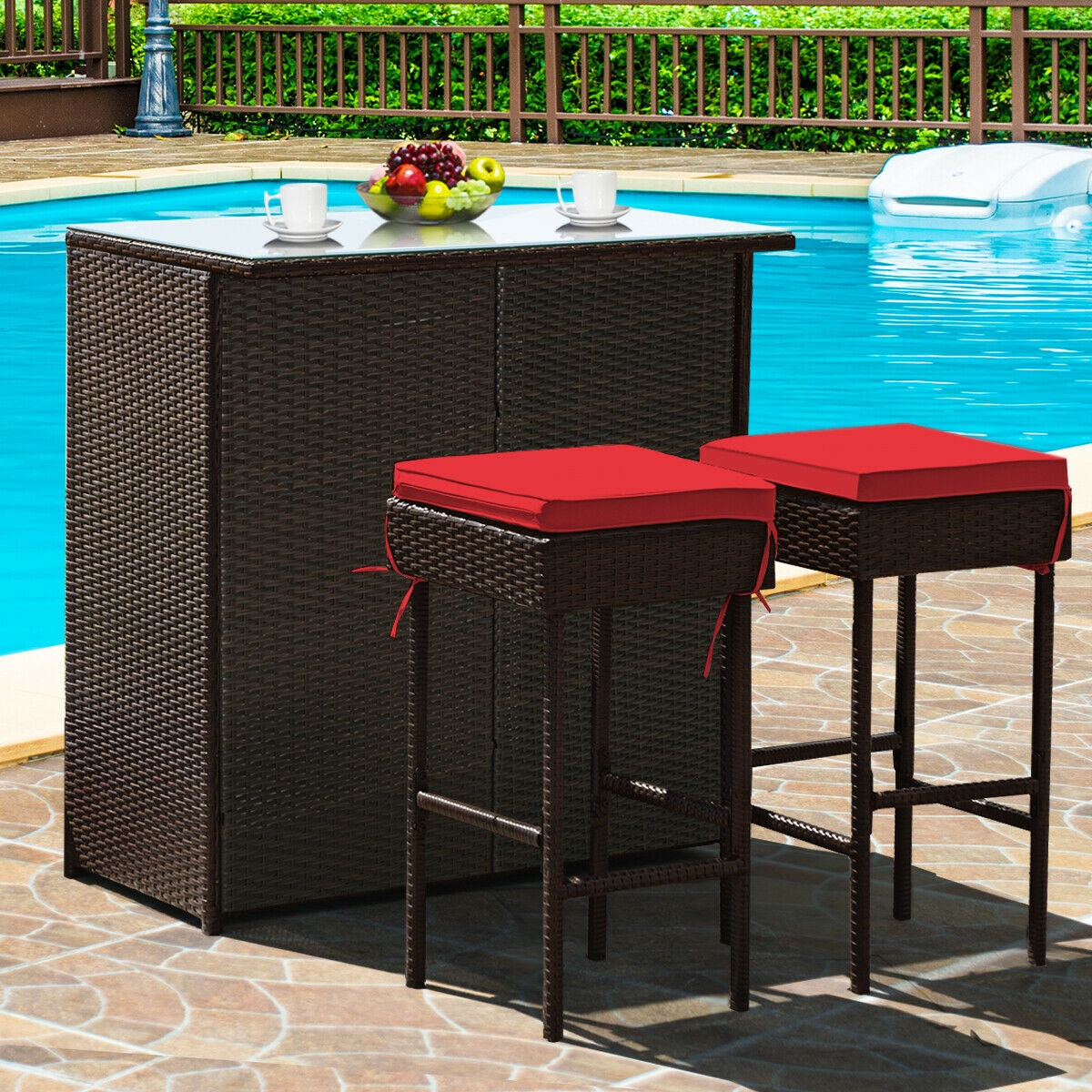 3 Pieces Patio Rattan Wicker Bar Table Stools Dining Set-Red