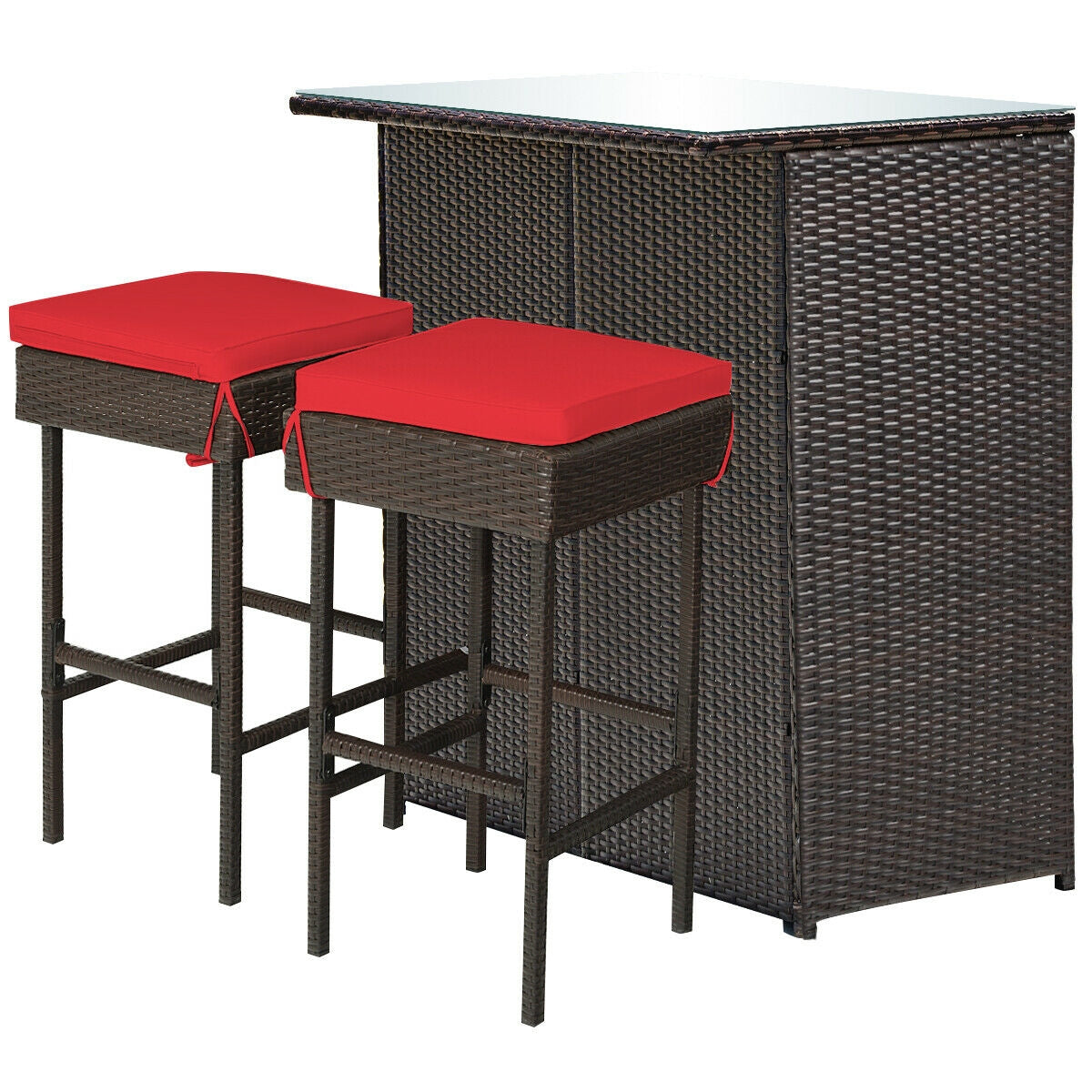 3 Pieces Patio Rattan Wicker Bar Table Stools Dining Set-Red