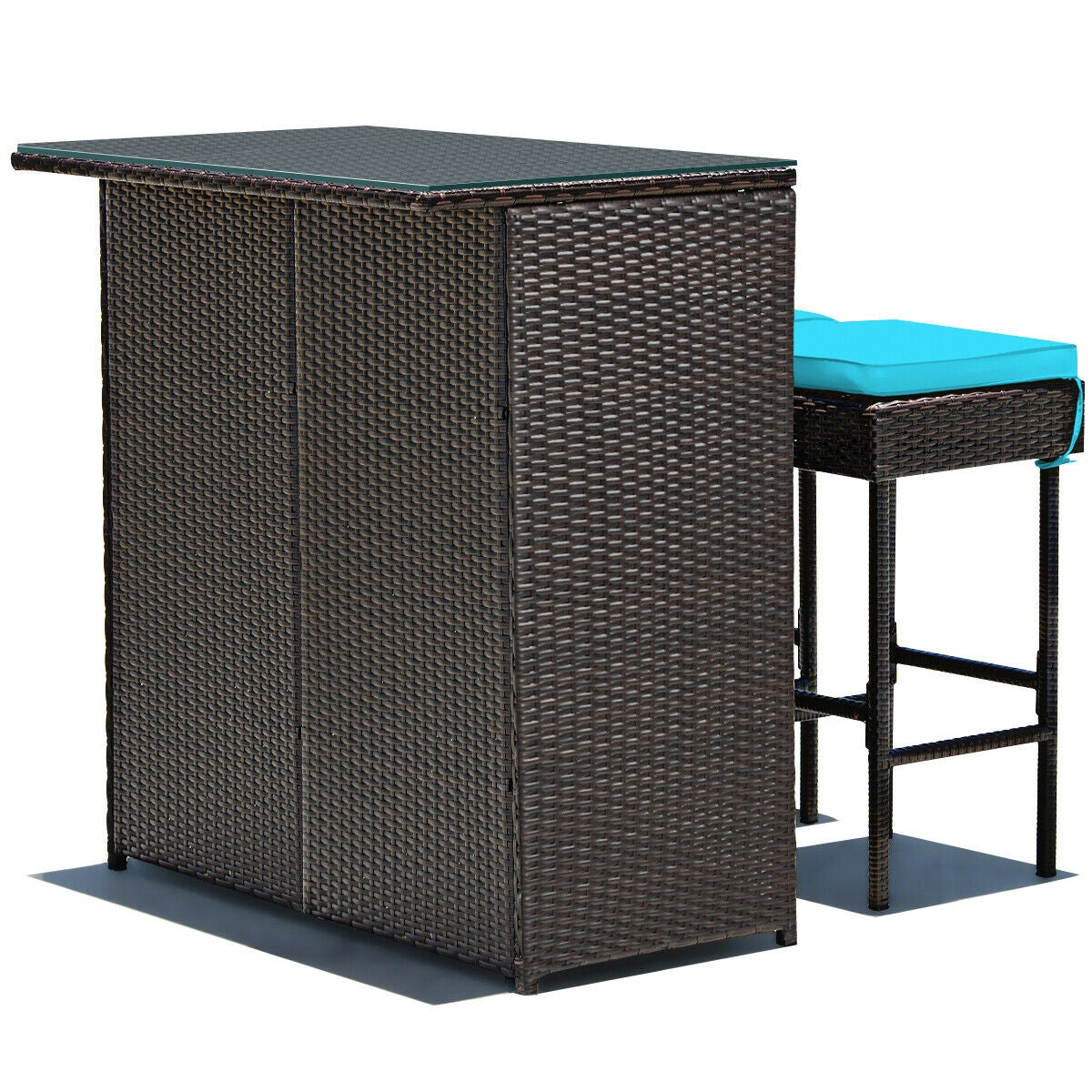 3 Pieces Patio Rattan Wicker Bar Table Stools Dining Set-Turquoise