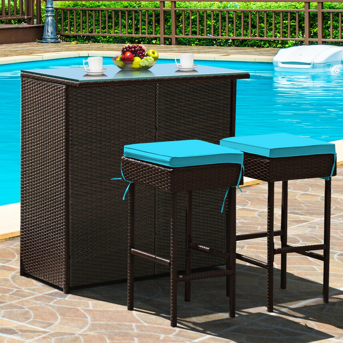 3 Pieces Patio Rattan Wicker Bar Table Stools Dining Set-TurquoiseÂ 