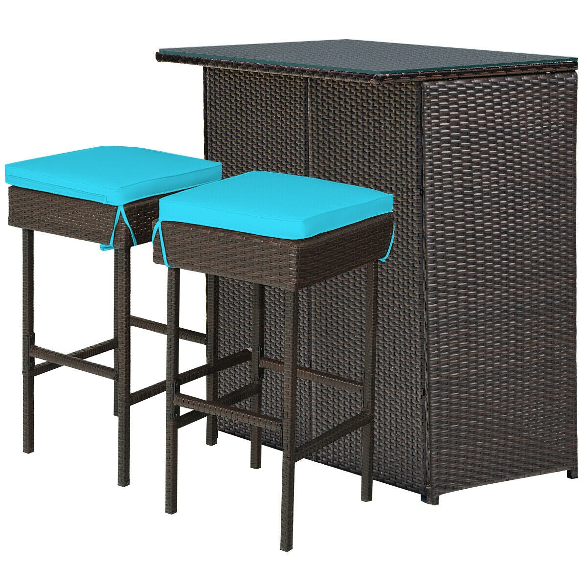 3 Pieces Patio Rattan Wicker Bar Table Stools Dining Set-Turquoise