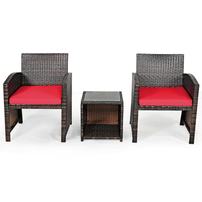 3 Pieces PE Rattan Wicker Furniture Set with Cushion Sofa Coffee Table for Garden-Red