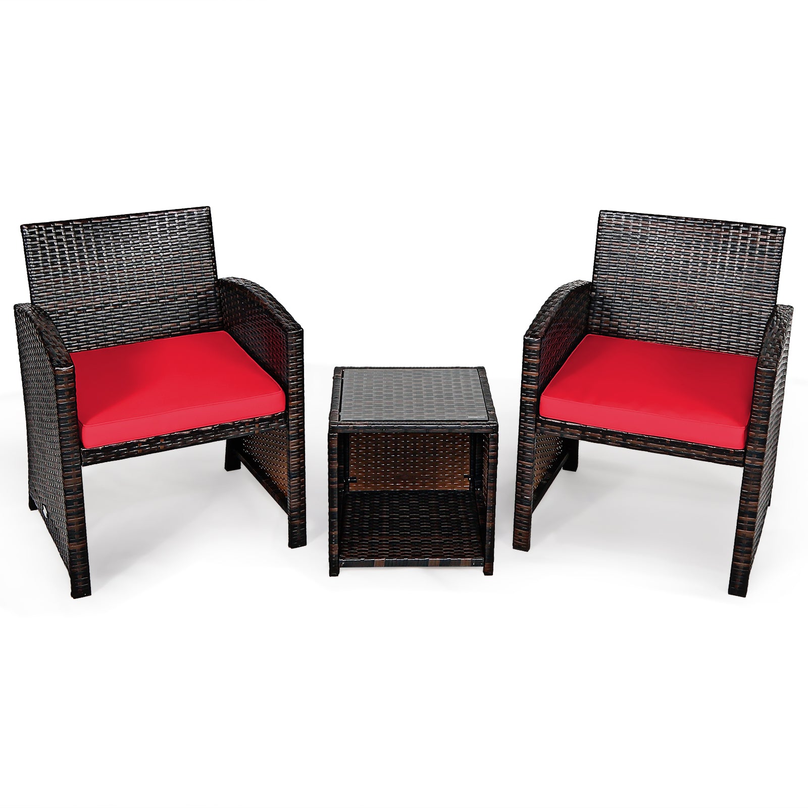 3 Pieces PE Rattan Wicker Furniture Set with Cushion Sofa Coffee Table for Garden-Red