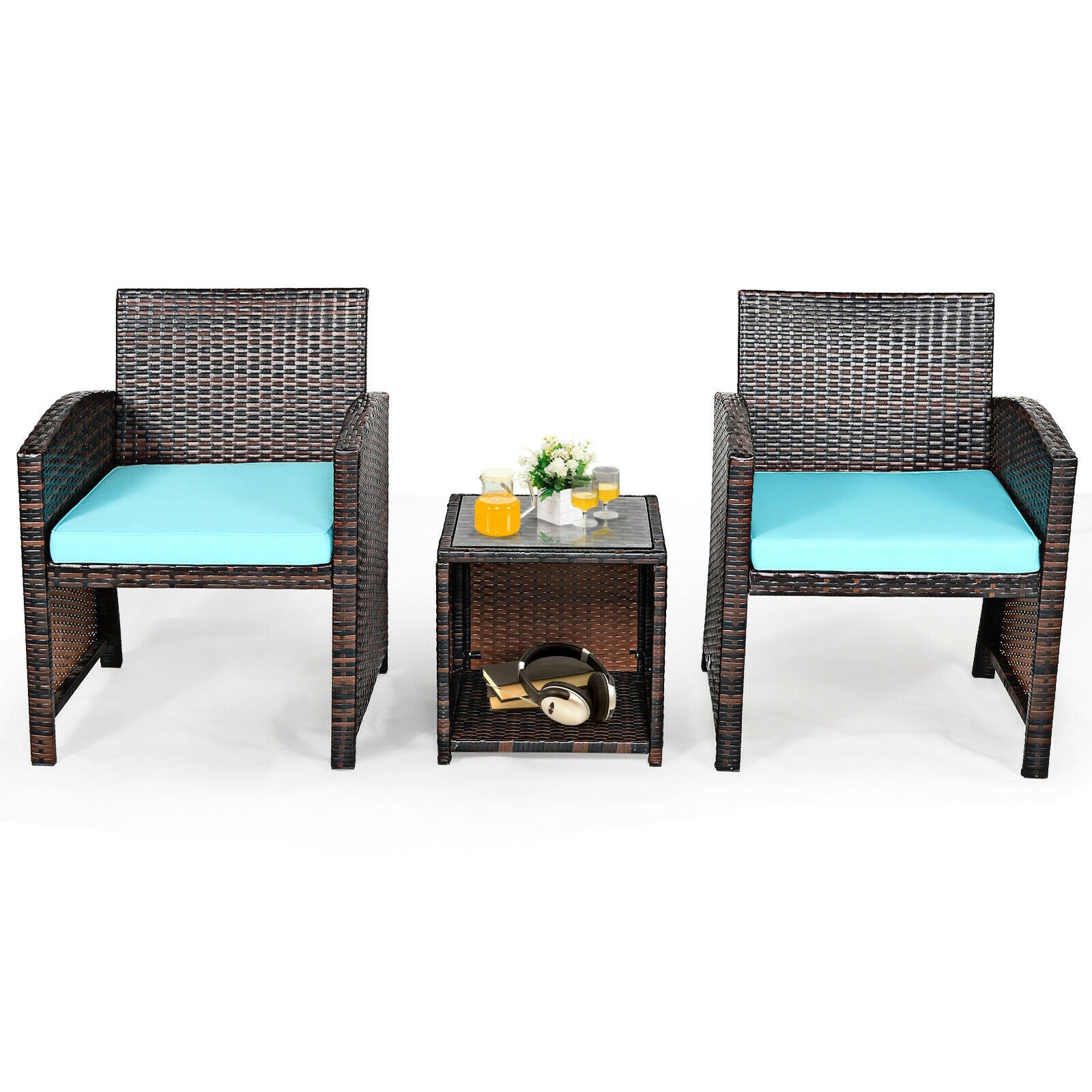 3 Pieces PE Rattan Wicker Furniture Set with Cushion Sofa Coffee Table for Garden-Turquoise