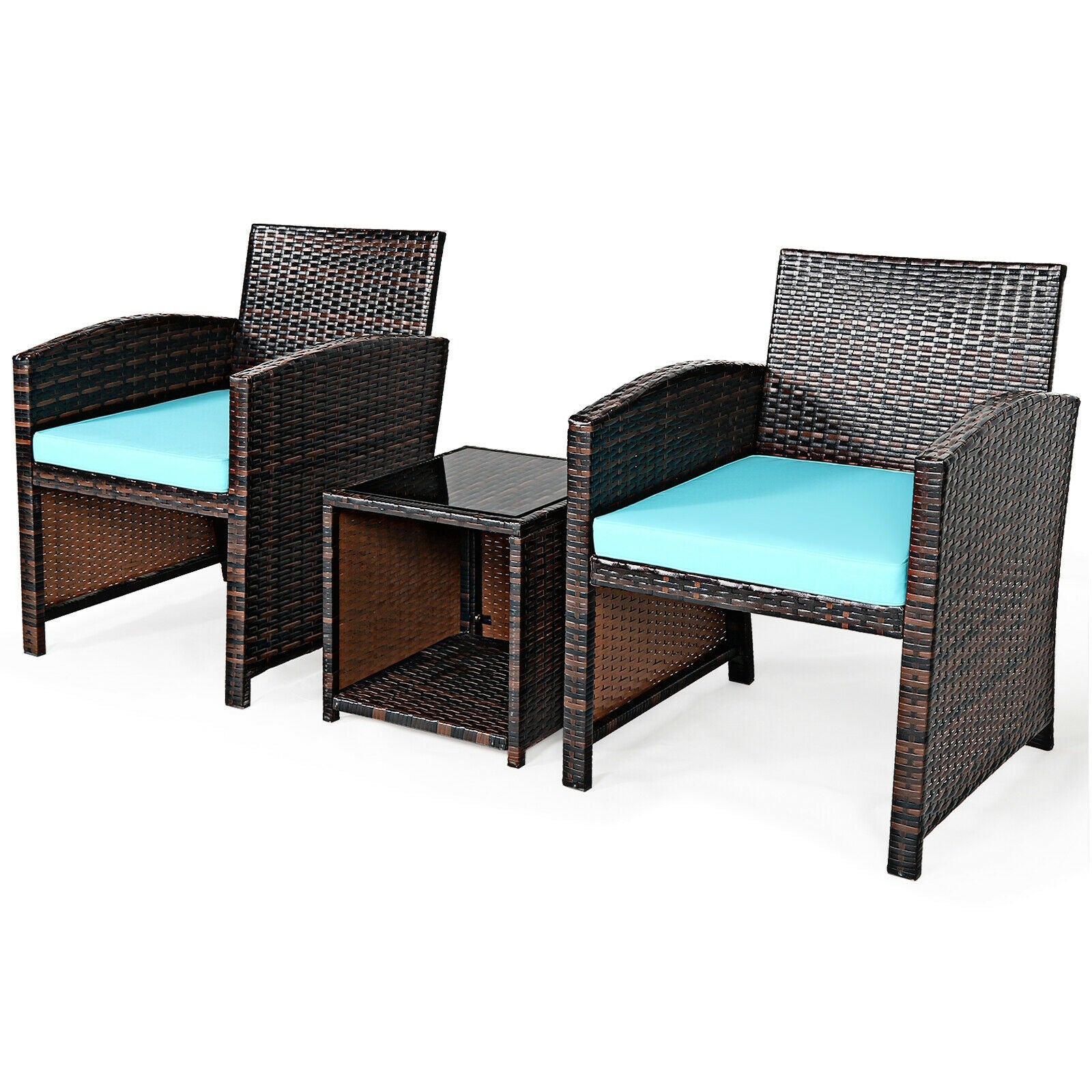 3 Pieces PE Rattan Wicker Furniture Set with Cushion Sofa Coffee Table for Garden-Turquoise