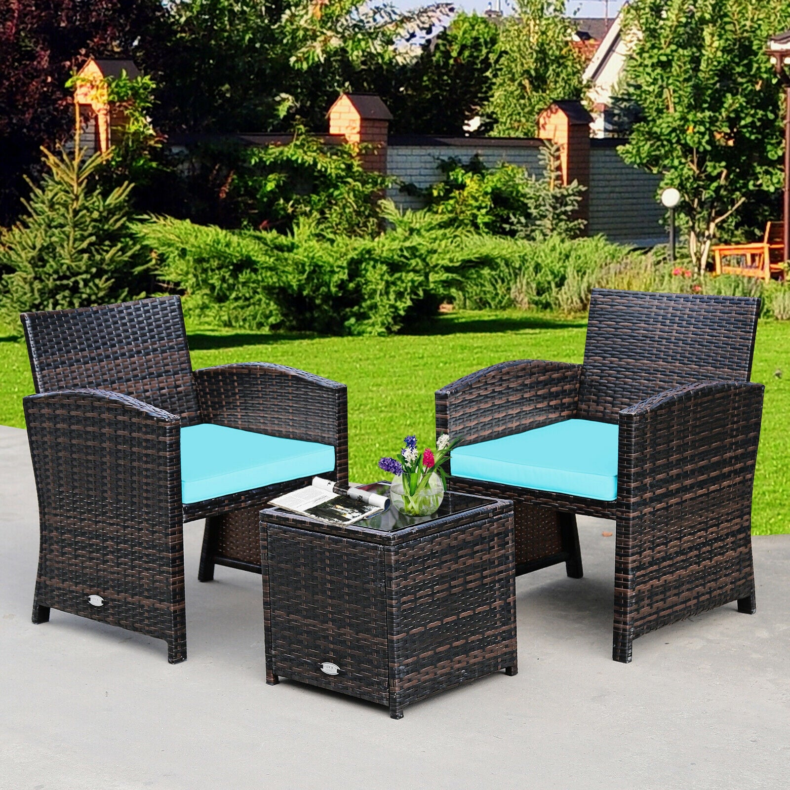 3 Pieces PE Rattan Wicker Furniture Set with Cushion Sofa Coffee Table for Garden-Turquoise