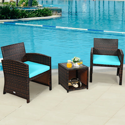3 Pieces PE Rattan Wicker Furniture Set with Cushion Sofa Coffee Table for Garden-TurquoiseÂ 