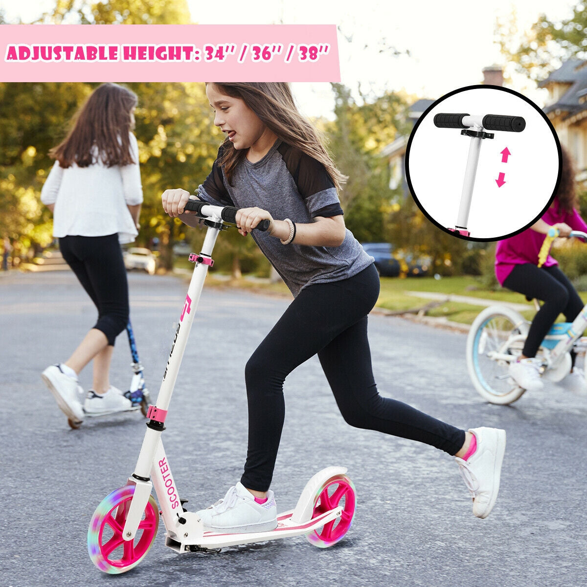 Portable Folding Sports Kick Scooter with LED Wheels-Pink