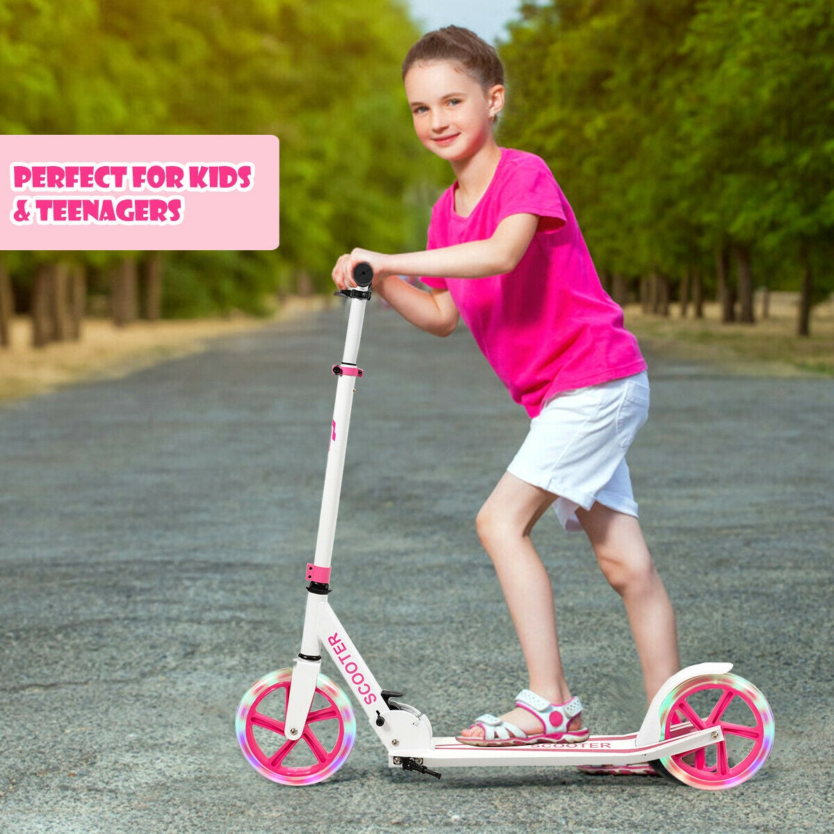 Portable Folding Sports Kick Scooter with LED Wheels-PinkÂ 