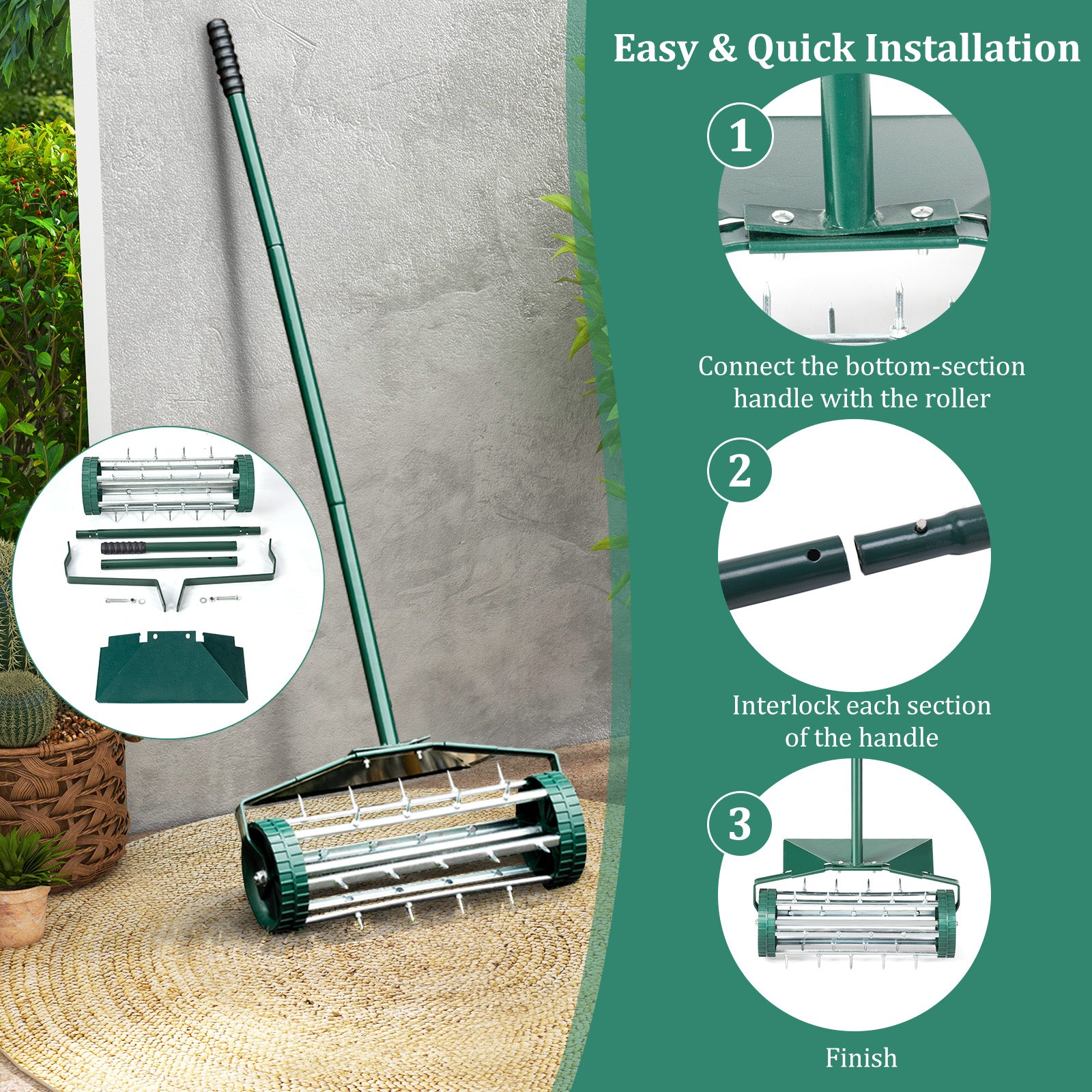 18 Inch Rolling Lawn Aerator with Splash-Proof Fender for Garden 